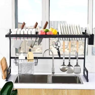 Imagem de Escorredor de Louça Suspenso para Pia 85cm – Grande, Aço Inoxidável, Preto Fosco, Organizador com Suporte para Pratos, Copos e Talheres