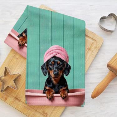Imagem de Toalhas de cozinha engraçadas de dachshund, pano de prato de microfibra absorvente decorativo para cães, toalha de chá, toalhas de mão de trama de waffle para banheiro doméstico, presentes para