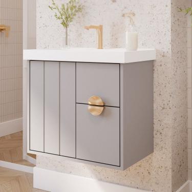 Imagem de Gabinete para Banheiro 60cm com 1 Porta 2 Gavetas e Cuba de Sobrepor Decor Platina