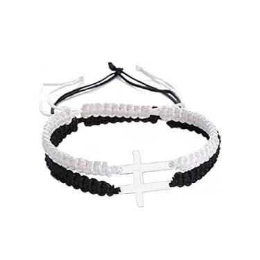 Imagem de COLORFUL BLING Pulseira de proteção de corda vermelha preta trançada feita à mão com cruz trançada em aço inoxidável Sideways Faith Hope Blessed Wrap Bangle Religiion Jewelry, Metal Metal Fibra sintética, Inoxidável