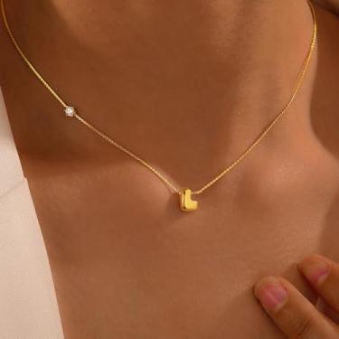 Imagem de Colar feminino banhado a ouro 14K - Colar delicado com pingente de zircônia cúbica com inicial A-Z, corrente hipoalergênica banhada a ouro 18 K, joia moderna em camadas para presente, 17.72", Aço