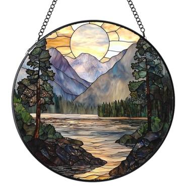Imagem de Vitral pendurado em janela, montanhas lago, vitral, apanhadores solares, painel de vidro para janelas, decoração de jardim, presentes de aniversário para mulheres, homens, 16 cm
