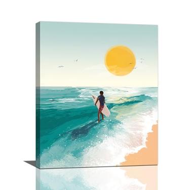 Imagem de Arte de parede de surfe na praia, oceano, onda, litoral, tela, decoração de parede, verão, natureza, paisagem marítima, pintura, impressão, emoldurado, decoração, para banheiro, sala de estar