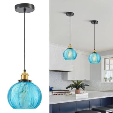 Imagem de ZRPSSGE Luzes pendentes ilha de cozinha, lustre de vidro soprado à mão vintage, luminárias azuis modernas de ilha de cozinha, luz de altura ajustável, para hall de entrada de corredor casa de fazenda