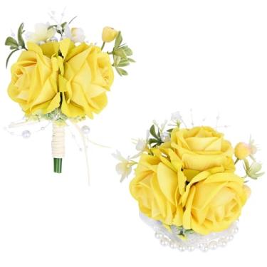 Imagem de MAFELOE Conjunto de 2 peças de flores de rosas artificiais para casamento, formatura, festa de baile, celebração, decoração de terno - amarelo (ZZ1-E+S)