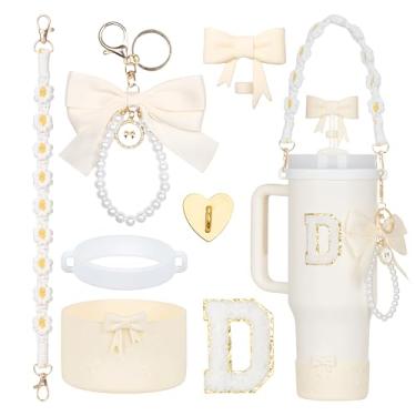 Imagem de Rabrgab Conjunto de acessórios para copo Stanley branco de 7 peças – topo de canudo com laço, pingente de laço fofo, bota de silicone com design de laço, alça de alça de garrafa de água e adesivo de