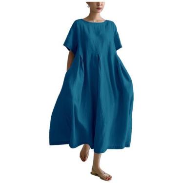 Imagem de Vestido MARSVOVO azul de linho para mulheres de verão plus size 2024