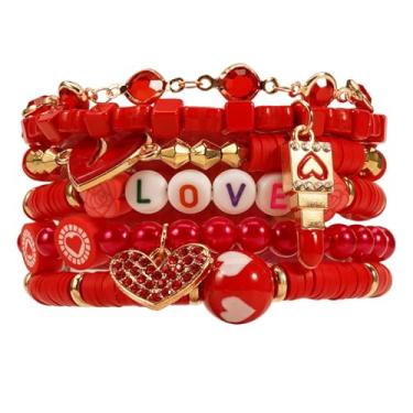 Imagem de Lonext Pulseira elástica com contas para mulheres, estilo boho Y2k, tema do Dia dos Namorados, 18 cm, material de argila, formato redondo, fecho de anel de mola, One Size, Vidro Cristal Argila Vidro