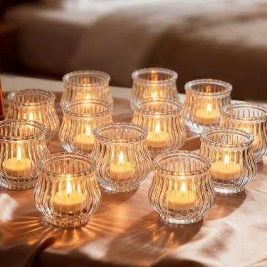 Imagem de Glasseam Suporte de vela de vidro Tealight: 12 peças de castiçais votivos transparentes com nervuras a granel para centro de mesa de casamento decorações de mesa de Natal festa
