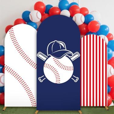 Imagem de Conjunto de 3 capas de fundo de arco de beisebol com foto de fundo de festa de beisebol, tema esportivo, elastano para crianças, meninos, aniversário, festa, decoração de família, férias, suprimentos