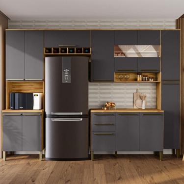 Imagem de Armário de Cozinha com Balcão e Tampo 13 Portas 2 Gavetas Xangai 100% Mdf Vidro Reflecta Amêndoa/Cinza - Pnr Móveis