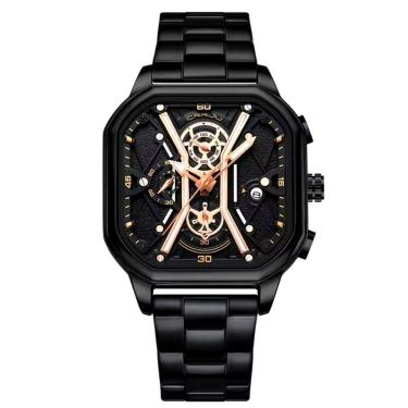 Imagem de Relógio Masculino De Quartzo Em Aço Inoxidável Impermeável Design Quadrado Luminoso Preto Fosco