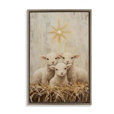 Imagem de Stupell Industries Arte de parede em tela flutuante emoldurada em ouro trio de cordeiros de Natal, design por Petal Prints Design, 78 x 53 cm