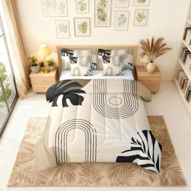 Imagem de Erosebridal Conjunto de edredom boho de meados do século King com lençóis, moderno, minimalista, 7 peças, cama geométrica abstrata em uma bolsa, conjunto de cama estética de folha de palmeira tropical
