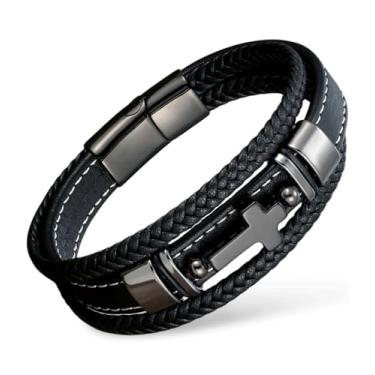 Imagem de VANFORWYN Pulseira de cruz masculina de couro trançado cristão pulseira religiosa de aço inoxidável, presente de fé, Medium, Couro, Sem Pedra Preciosa