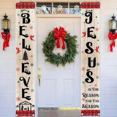 Imagem de AIBIIN Faixa de Natal Jesus Varanda Believe Jesus Is the Reason for the Season Banner Pendurado Inverno Religioso Presépio Decoração Rústica Vermelho Xadrez Natal Decoração de Varanda Externa para