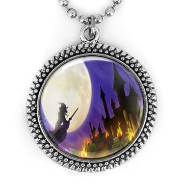 Imagem de Colar de cena de Halloween - Bruxa e lua cheia, joias de vidro feitas à mão, prata ou preto - 116-RN, Large, Metal, Sem Pedra Preciosa
