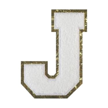 Imagem de 1 PÇ Patch de letra de chenille de ferro branco de 11,4 cm com borda dourada – Remendos do alfabeto para roupas, jaquetas, mochilas, chapéus para decoração personalizada, nome personalizado e