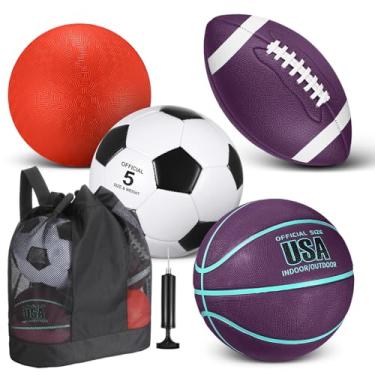 Imagem de Lenwen Conjunto de 4 bolas esportivas, inclui bomba de bola de basquete de futebol de tamanho oficial, bolsa de equipamento para adolescentes e adultos, presente esportivo de volta às aulas (roxo