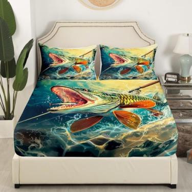 Imagem de Jogo de cama solteiro com peixe-lúcio, para decoração de quarto de meninas e adolescentes, crianças caçando e pescando, lençol com elástico de microfibra macia (1 lençol com elástico + 1 fronha)