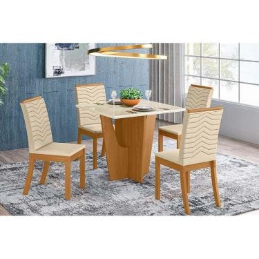 Imagem de Sala De Jantar Completa Tampo Madeirado C- Vidro 90x90cm E 4 Cadeiras Nature-veludo Light Linho