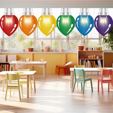 Imagem de Preboun 6 peças de cortinas de lápis de Natal para escola, decoração de sala de aula, arco-íris, janela, lápis, formato de lâmpada escolar, para porta, jardim de infância, creche, quarto, sala de