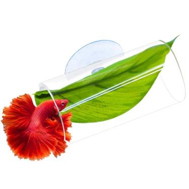 Imagem de BaoZqua Túnel de rede Betta de acrílico, acessórios para tanque de peixes Betta e decoração de túnel de aquário, esconderijo de aquário com rede macia de folhas falsas, ponto de descanso de cama beta