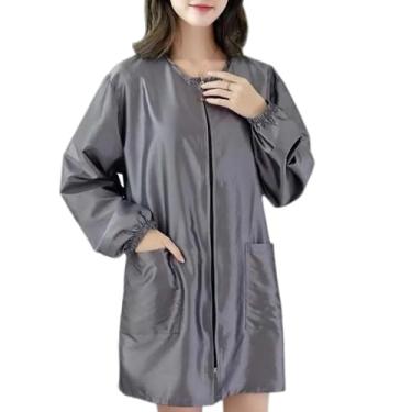 Imagem de MOAIYU Blusa de barbeiro de poliéster, manga curta/longa, fácil com zíper, anticabelo, avental de cabeleireiro para ambiente de trabalho