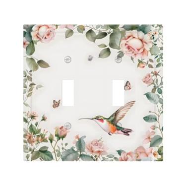 Imagem de BHGAHD Capa decorativa para interruptor com flores rústicas rosa e folhas de rosa design beija-flor placa de parede 2 gangues exclusivo interruptor duplo interruptor de luz dupla EFaceplate para
