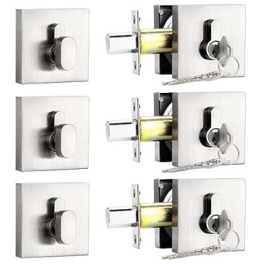 Imagem de Probrico Fechaduras de cilindro único com chave (pacote com 3) fechaduras de porta de entrada e porta frontal Conjunto quadrado de níquel escovado com as mesmas chaves, ferragens antifurto para portas