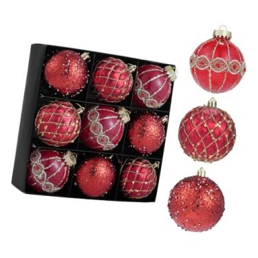 Imagem de oshhni Conjunto de 9 enfeites de Natal em formato de bola com glitter, ideais para pendurar na árvore de Natal, aniversários, Dia de ação de Graças, jardins, Vermelho