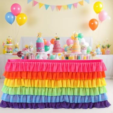 Imagem de emopaw Saia de mesa tutu de 1,8 m para mesas redondas retangulares de chiffon para decorações de festa de aniversário, festas de chá de bebê, saia de mesa com babados (arco-íris, 1,8 m)