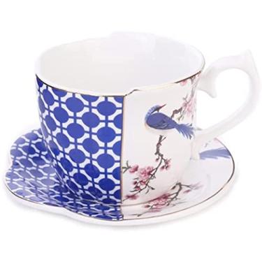 Imagem de Conjunto de xícara de café e pires de pássaro de porcelana, 191.6 g/200 ml, copo de café com leite, xícara de café expresso com alça, copo de bebida (azul)