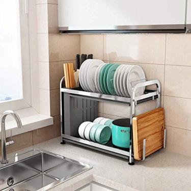 Imagem de Escorredor de pratos grande, escorredor de pratos de cozinha com bandeja removível, escorredor de pratos antiderrapante com suporte de utensílios, suporte para tábua de corte e ganchos de aço