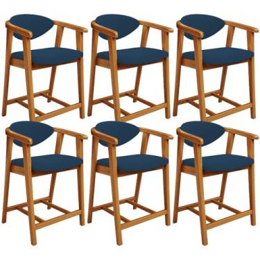 Imagem de Kit 06 Banquetas Baixa Para Cozinha Sala Jantar Bancada Cecília L02 Suede Azul Marinho - Lyam Decor