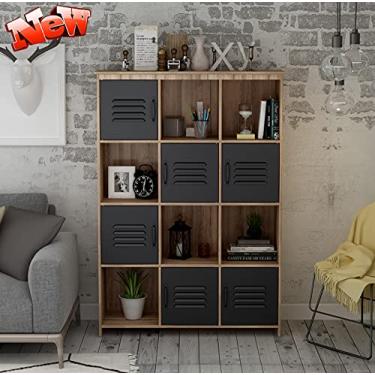 Imagem de 3FLQOOPP Melhor organizador industrial de armazenamento de cubos de madeira mais forte, 12 cubos, estante de livros com 6 portas de metal, estante de livros de escritório doméstico de 150 cm de altura