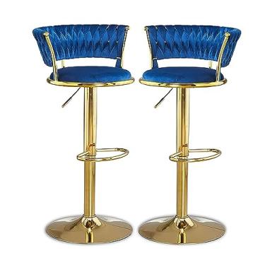 Imagem de Conjunto de 2 banquetas de veludo giratórias de 360° com 2 bancos altos ajustáveis de altura para cadeira moderna e simples com encosto e apoio para os pés para cozinhas, salas de jantar, café