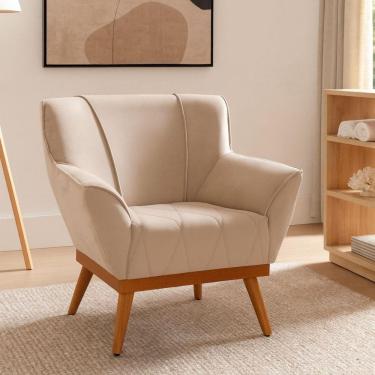 Imagem de Poltrona Adria Moderna Em Veludo Bege Com Pés De Madeira