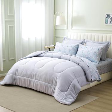 Imagem de ARTALL Jogo de cama king size em uma bolsa, 7 peças, cinza claro com linda borboleta colorida, jogo de cama macio reversível com edredom, lençóis, fronhas e fronhas para todas as estações