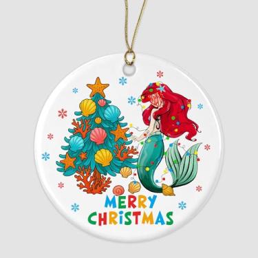 Imagem de VPDande22 Enfeite de cerâmica de princesa sereia de feliz Natal, decoração fofa para pendurar no feriado inspirado em Ariel estilo sereia menina desenho animado enfeite dupla face presente para