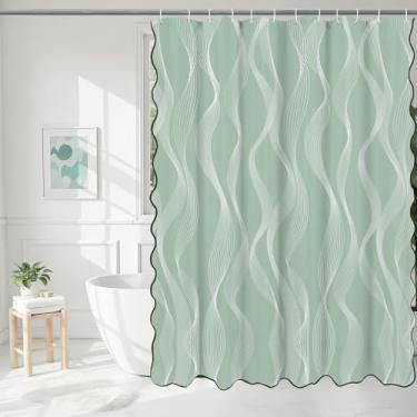 Imagem de BOYOUTH Cortina de chuveiro de bolinhas listradas estilo hotel com borda preta recortada, cortina de banho de tecido impermeável para banheiro hotel decoração de banheira, verde claro, 182 x 182