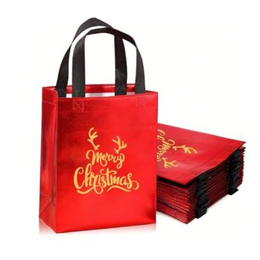 Imagem de 5 peças de sacos de presente de Natal festivos reutilizáveis com alças, design de folha dourada metálica, feliz natal, não tecido, lembrancinhas de festa de fim de ano, 20 x 25 x 10 cm (vermelho-5