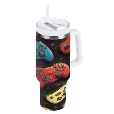Imagem de Blueangle Copo isolado de 850 g com alça e tampa de canudo - Caneca de viagem de aço inoxidável à prova de vazamento, garrafa de água com controle de jogo de desenho animado de parede dupla (261)