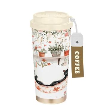 Imagem de SEHANY Caneca de viagem de gato gatinho fofo de 482 g xícaras de café reutilizáveis revestidas de cerâmica com tampa à prova de vazamento, parede dupla, isolamento a vácuo, copo de café de aço