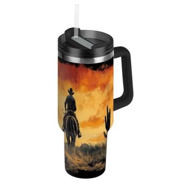 Imagem de Blueangle Copo cowboy americano de 1,134 g com alça e tampa de palha, caneca de viagem de aço inoxidável isolada a vácuo de parede dupla, garrafa de água reutilizável para academia de escritório ao ar