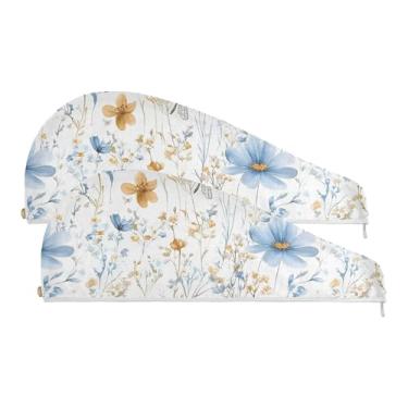 Imagem de SEHANY Toalha de cabelo de microfibra de flores coloridas elegantes para mulheres, 2 peças, turbantes de cabelo de secagem rápida com botão, touca de cabelo seco absorvente toalha de secagem de cabelo