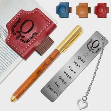 Imagem de Marcador de livro personalizado com suporte de caneta, conjunto de marcadores de livro de couro magnético personalizado com canetas de madeira personalizadas e marcador de livro de metal – para