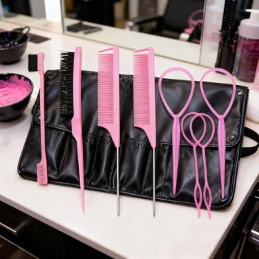 Imagem de Kit profissional de penteado, conjunto de 8 peças de pente de cauda de rato rosa e clipes de secção, ferramentas de corte e provocação de cabelo para salão e uso doméstico