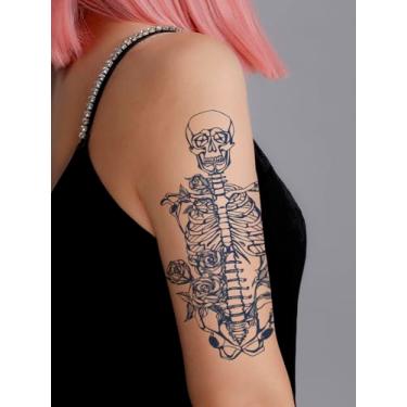 Imagem de Suco de ervas semipermanente requintado crânio rosa padrão fino linha fina tatuagens temporárias duração de 14 dias sem derramamento não reflexivo braço costas perna corpo tatuagem adesivo 1 pacote