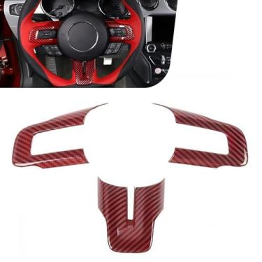 Imagem de Dogary Acabamento de volante Mustang, padrão de fibra de carbono, acessórios decorativos personalizados ABS, compatível com Ford Mustang 2015 2016 2017 2018 2019 2020 2021 (fibra de carbono vermelha)
